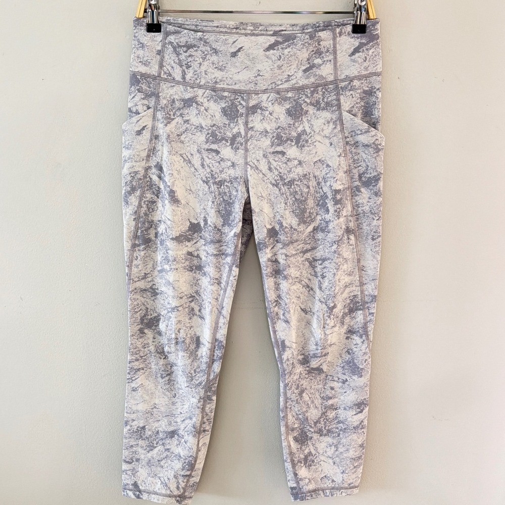 Lululemon High Rise Crop Leggings Size 12 Grey White Marble Print Side Pockets